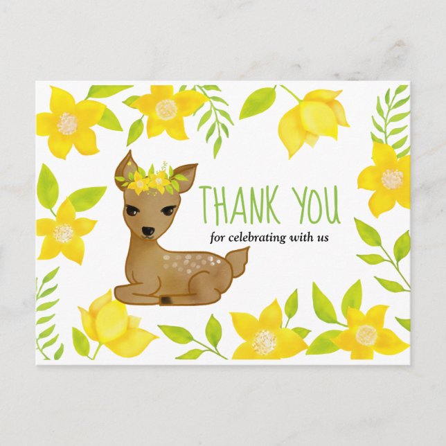 Baby Deer Yellow Florals | Babydusche Vielen Dank Postkarte (Vorderseite)