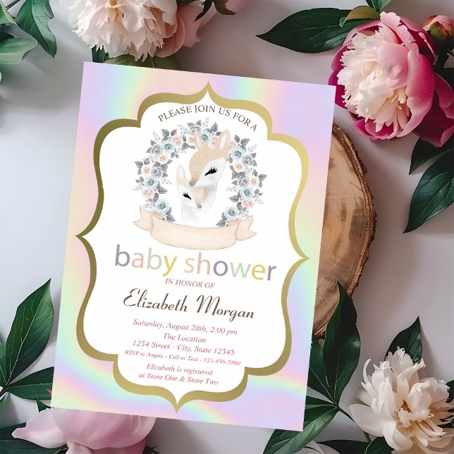 Baby Deers Frame Rose Holographic Baby Shower Einladung (Von Creator hochgeladen)