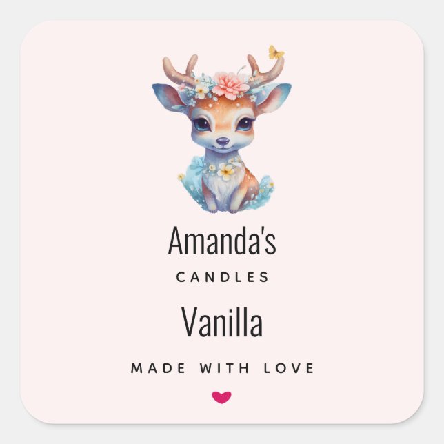 Baby Dei mit Antlern und Blume Candle Business Quadratischer Aufkleber (Vorderseite)