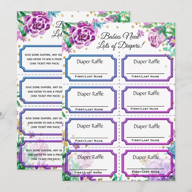 Baby Diaper Raffles Tickets Floral Einladung (Vorne/Hinten)