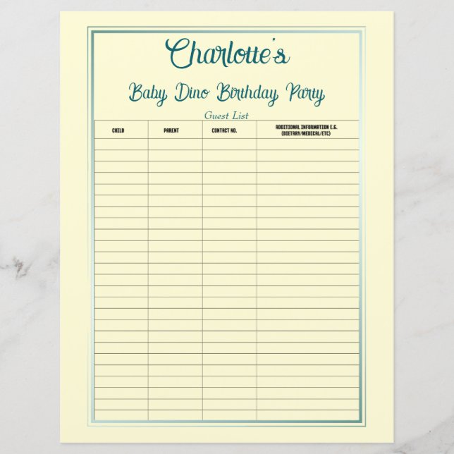 Baby Dino Birthday Party Guest List (Vorderseite)