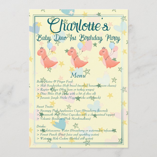 Baby Dino Birthday Party Menükarte (Vorderseite)