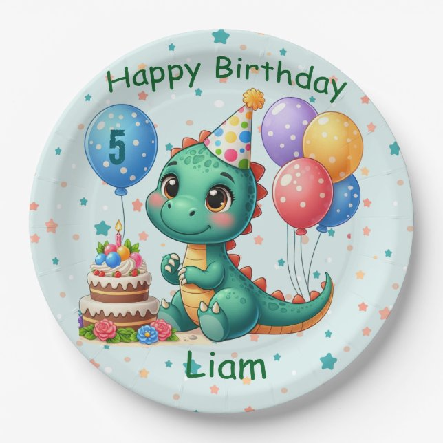 Baby Dino Birthday Party Plates Pappteller (Vorderseite)
