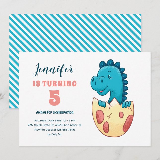 Baby Dino Hatching Ei Niedlich Kids Dinosaur Gebur Einladung (Vorne/Hinten)