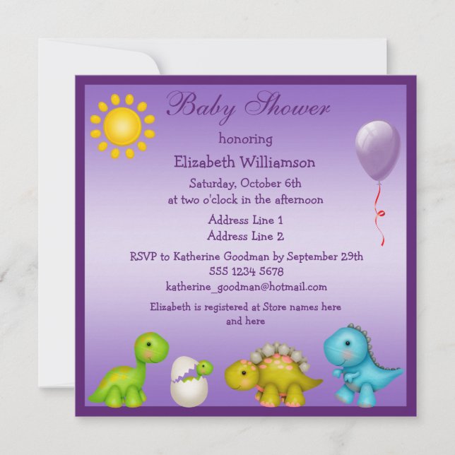 Baby Dino und Dinosaurier Lila Babydusche Einladung (Vorderseite)
