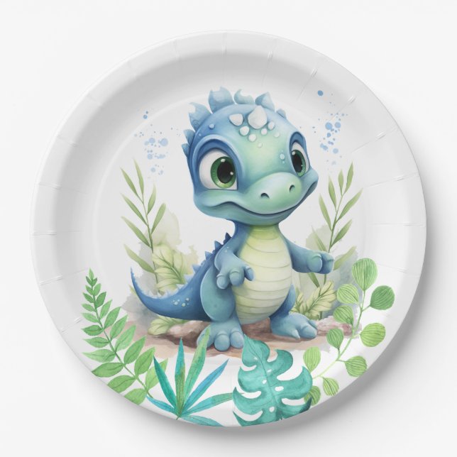 Baby Dinosaur Green und Blue Pappteller (Vorderseite)