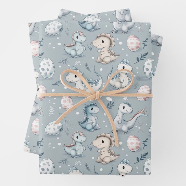Baby-Dinosaurier auf blau Geschenkpapier Set (Beispiel)
