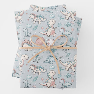 Baby-Dinosaurier auf blau Geschenkpapier Set