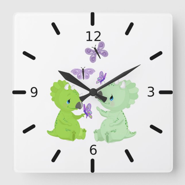 Baby Dinosaurier & Butterflies - Quadratische Wanduhr (Vorderseite)