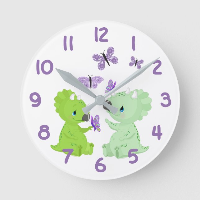 Baby-Dinosaurier und Schmetterlinge Runde Wanduhr (Vorderseite)