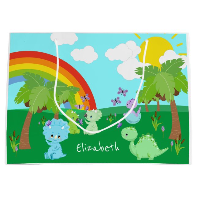 Baby Dinosaurs with Butterflies, Rainbow und Sun Große Geschenktüte (Vorderseite)