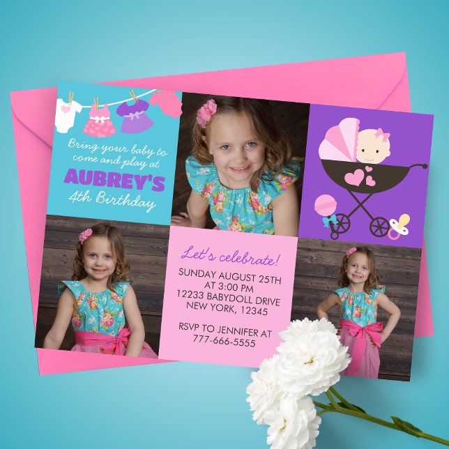 Baby Doll 3 Foto Geburtstag Einladung (Baby Doll Birthday 3 Picture Party Invitations. Available printed or digital download )