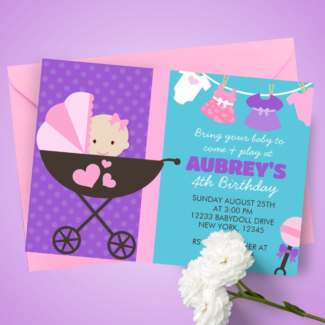 Baby Doll Geburtstagsparty Einladungen (Baby Doll Birthday Party Invites in shades of pink, purple and a beautiful caribbean teal blue)