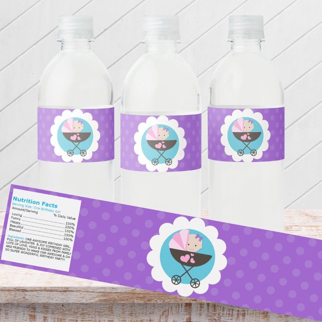 Baby Doll Geburtstagsparty Wasserflaschen Labels (Baby Doll Birthday Water Bottle Wrappers. Nutrition Label Backside. Purple, Pink and Teal Blue)