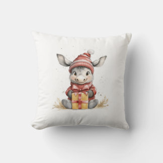 Baby Donkey in Red & White Winter Hat Geschenk Kissen