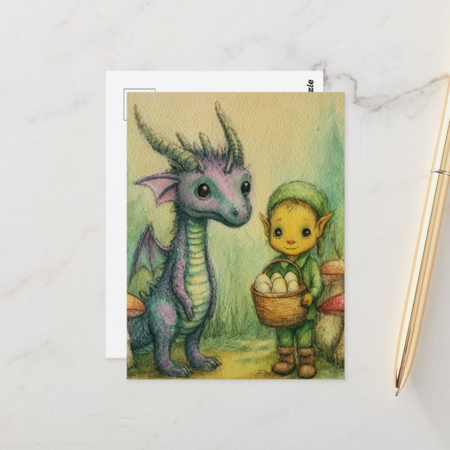 Baby-Drache und Elf mit Eiern Postkarte (Vorderseite/Rückseite Beispiel)