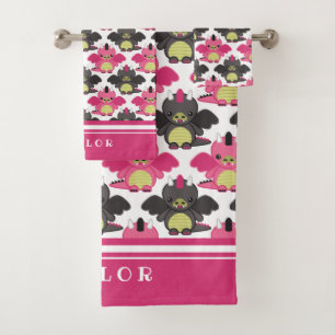 Baby-Drachen - rosa u. schwarzes Muster - Name Badhandtuch Set
