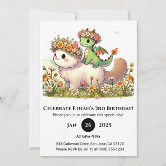 Baby Dragon and Fluffy Cat in Flower Birthday Einladung
