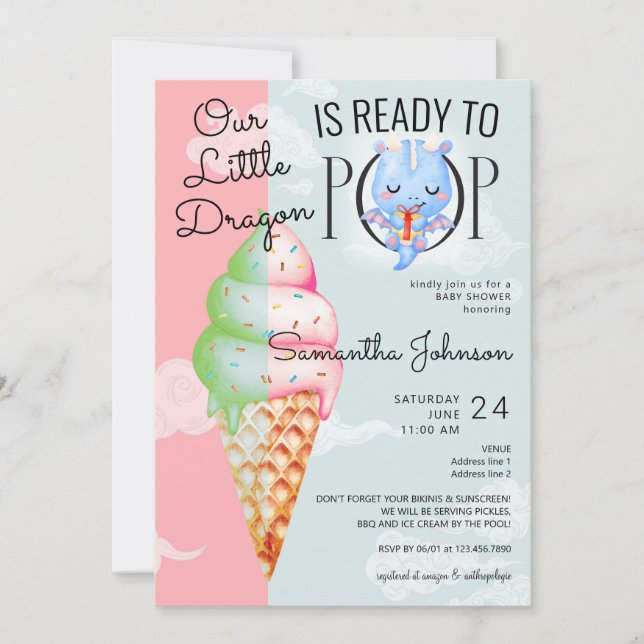 Baby Dragon Bereit zum Pop Eiscreme Babydusche Einladung (Vorderseite)