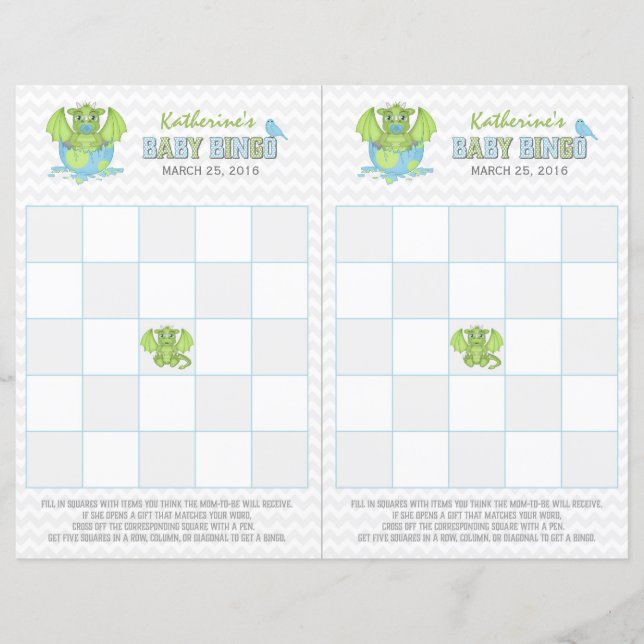 Baby Dragon Bingo Blatt mit 2 Spielkarten (Vorderseite)