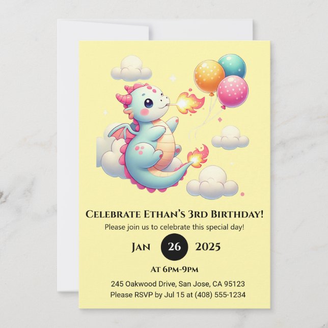 Baby Dragon with Balloons in the Sky Birthday Einladung (Vorderseite)