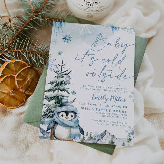 Baby draußen kalt, Penguin Blue Babydusche Einladung