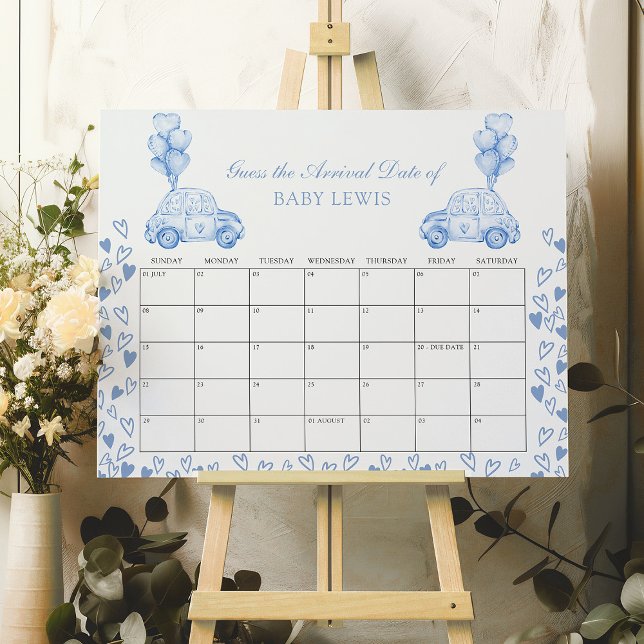 Baby Due Date Calender Baby Duschgel Spiel Blue Ca Poster (Baby Shower Guess the Date Calendar Poster - available printed or digital - by Darling & May)