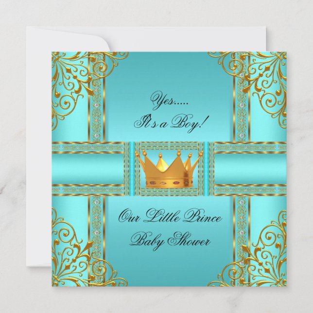 Baby Dusche Aquamarin Blue Gold Boy Prince Crown Einladung (Vorderseite)