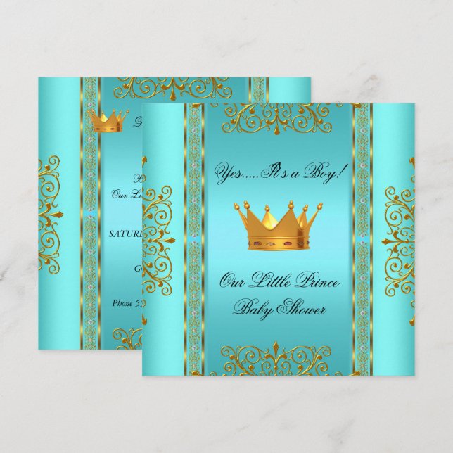 Baby Dusche Aquamarin Blue Gold Boy Prince Crown Einladung (Vorne/Hinten)
