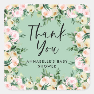 Baby Dusche Aquarell grün rosa Blumenkohl Danke Quadratischer Aufkleber