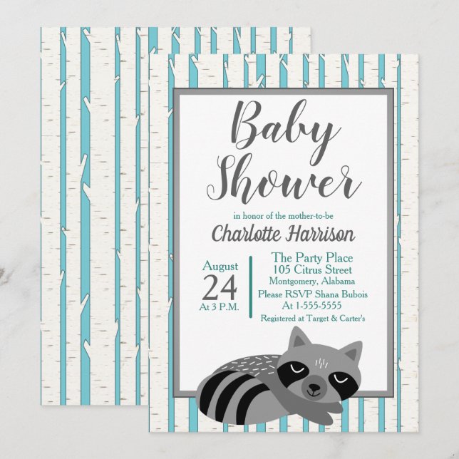 Baby-Dusche aus Holz Raccoon & Birch Trees Einladung (Vorne/Hinten)