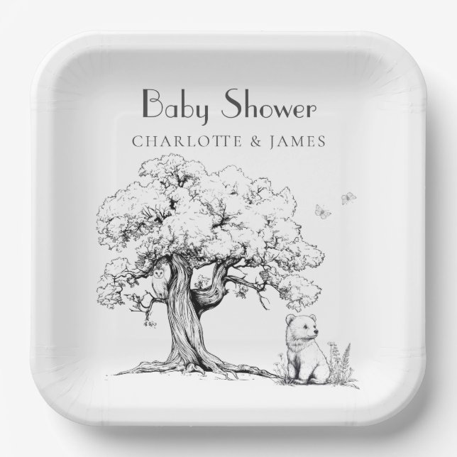 Baby-Dusche aus schwarzem und weißem Wald Pappteller (Vorderseite)