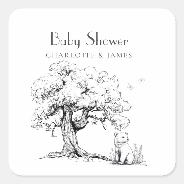 Baby-Dusche aus schwarzem und weißem Wald Quadratischer Aufkleber (Vorderseite)