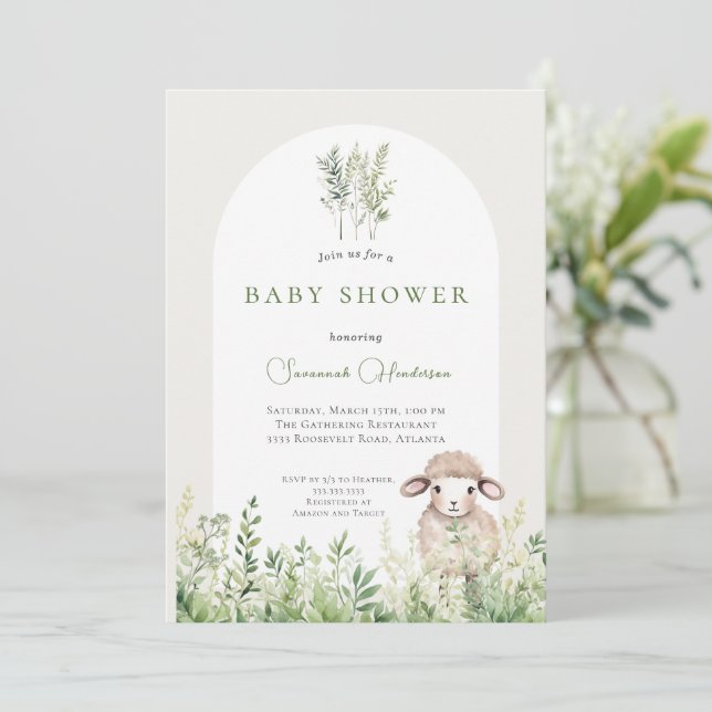 Baby-Dusche aus tierischem Lamm Einladung (Stehend Vorderseite)