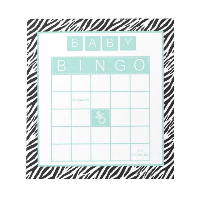 Baby Dusche Bingo Game Chic Aqua Mint Zebra Notizblock (Vorderseite)