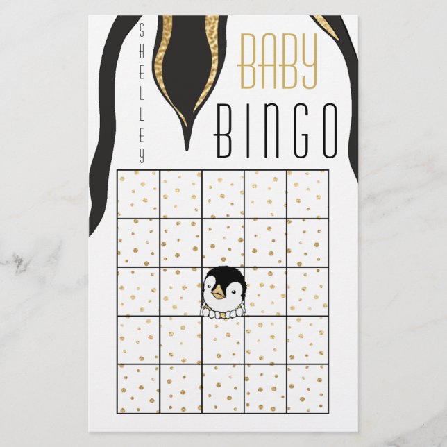 Baby Dusche BINGO "Gold Penguin" Flyer (Vorne)