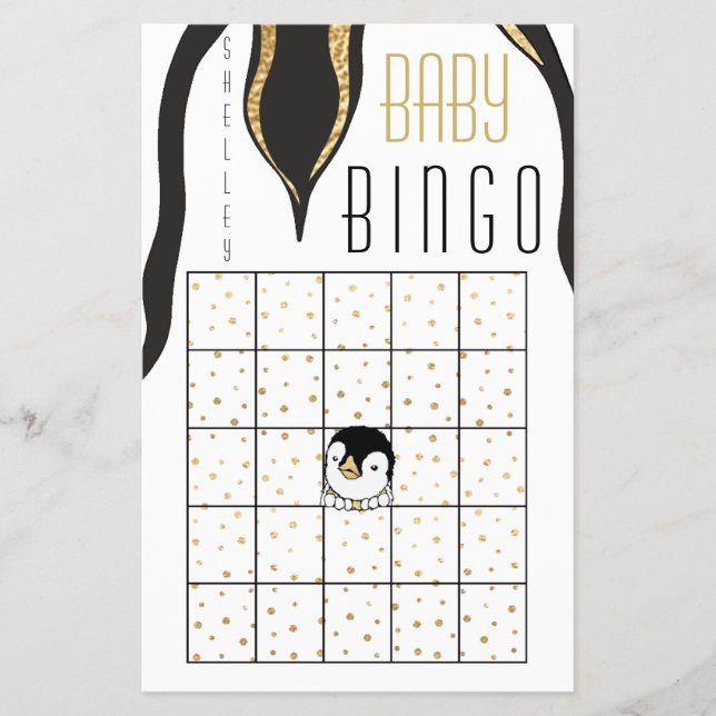 Baby Dusche BINGO "Gold Penguin" Flyer (Vorne)