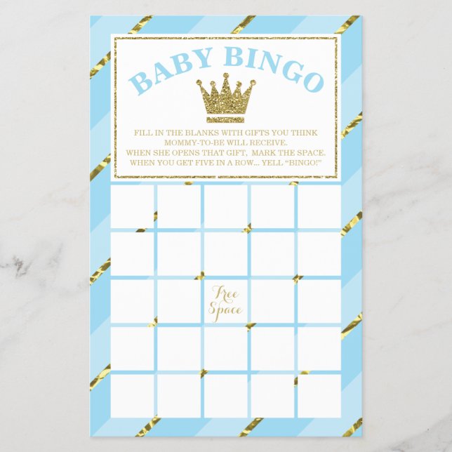 Baby Dusche Bingo Spiel, Prince, Blue und Gold Flyer (Vorne)
