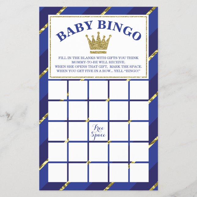 Baby Dusche Bingo Spiel, Prince, Blue und Gold Flyer (Vorne)