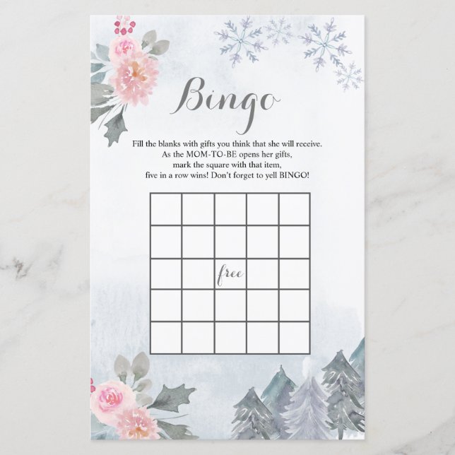 Baby Dusche Bingo Spiel Schneeflocken Winter Flora (Vorderseite)