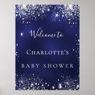 Baby Dusche blau silber Glitzer strahlend Empfang Poster