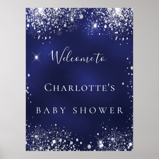Baby Dusche blau silber Glitzer strahlend Empfang Poster (Vorne)