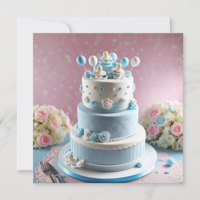 BABY DUSCHE, BLAU & WEISSE KUCHE MIT SCHNULLERN EINLADUNG (Vorderseite)
