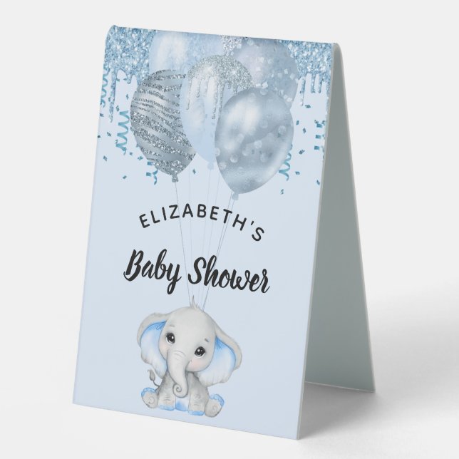 Baby Dusche blaue Elefantenjunge Ballons Tischaufsteller (Vorderseite)