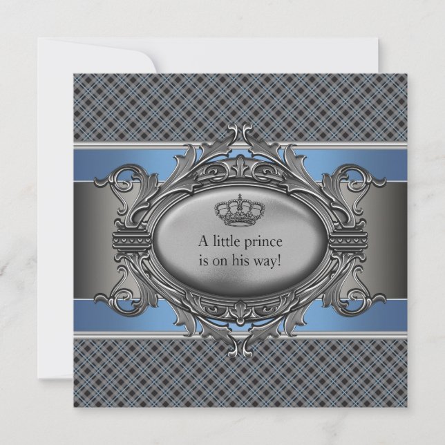 Baby-Dusche blaue karierte Kron-kleine Prinz-Boy Einladung (Vorderseite)