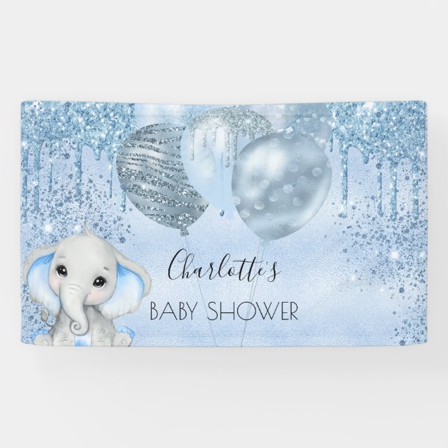 Baby Dusche blauer Glitzer Elefantenjunge Silber Banner (Horizontal)