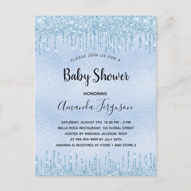 Baby Dusche blauer Glitzer Tropfen Junge Einladungspostkarte (Vorderseite)