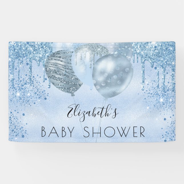 Baby Dusche blauer Silberballon Glitzer Junge Banner (Horizontal)