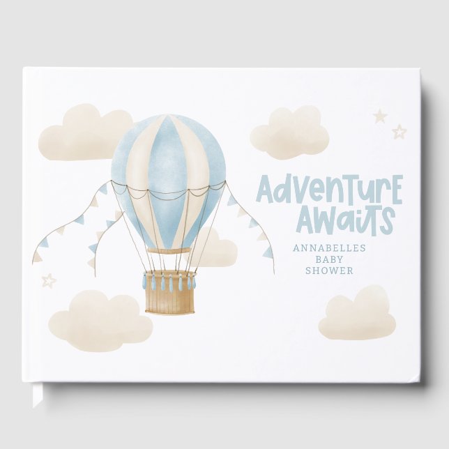 Baby Dusche Blue Heißluftballon Abenteuer erwartet Gästebuch (Vorderseite)