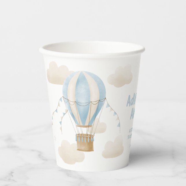 Baby Dusche Blue Heißluftballon Abenteuer erwartet Pappbecher (Vorderseite)